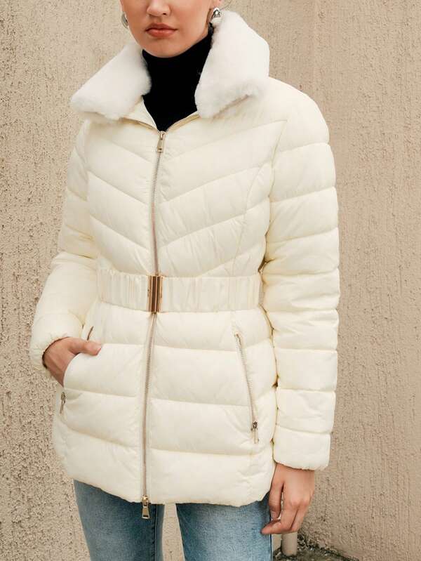 Plüschkragen Steppjacke mit Reißverschluss