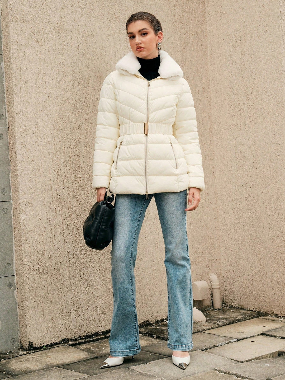 Plüschkragen Steppjacke mit Reißverschluss